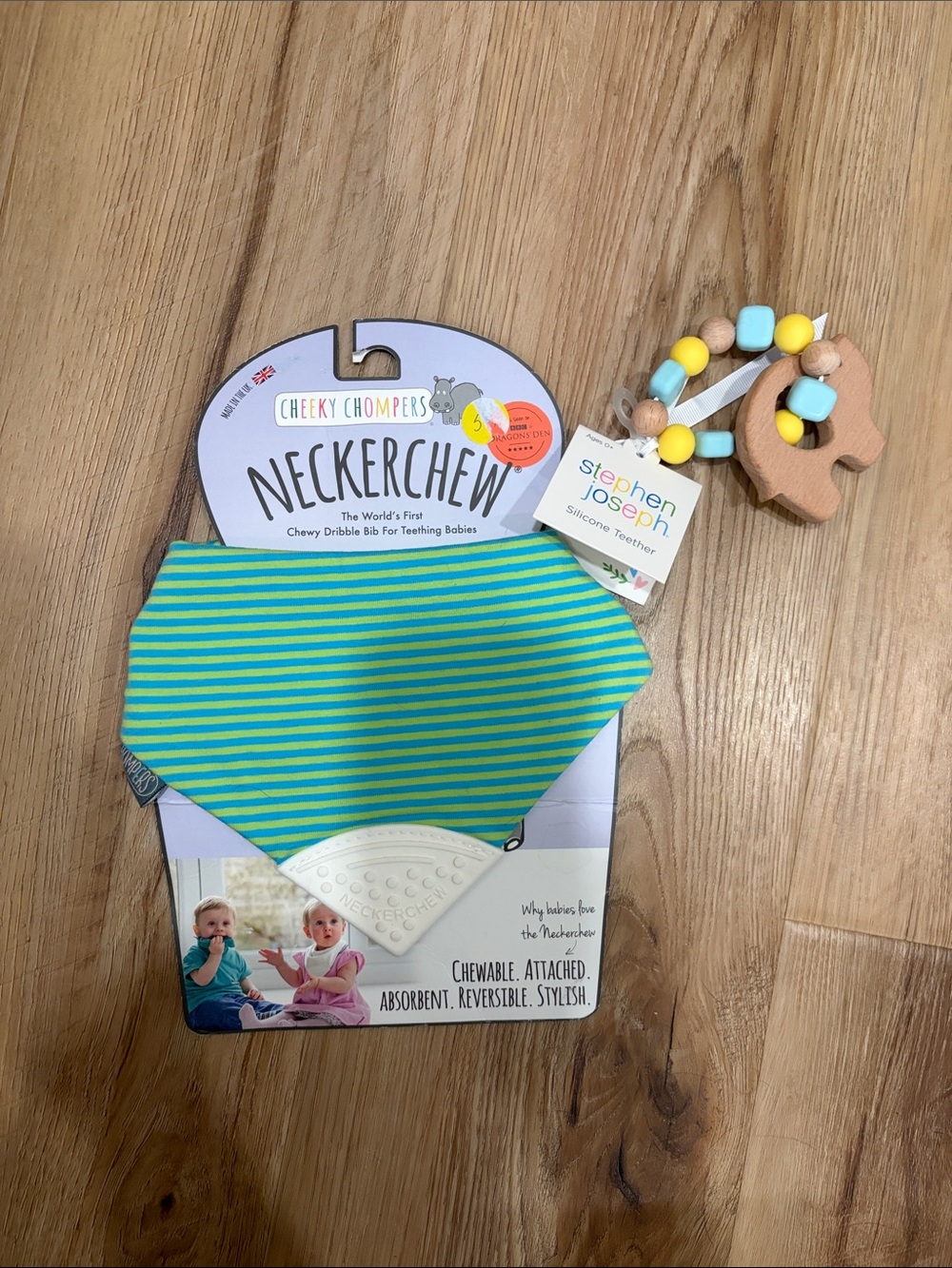 Teal & Lime Striped Bib with Silicone Teether